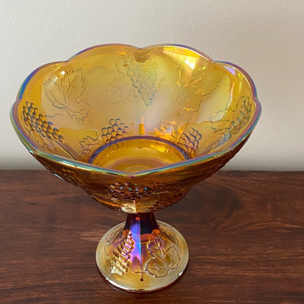 Indiana Glass • Harvest Grape • Carnival Glass • Amber • Pedestal Fruit Bowl - Picture 5 of 5